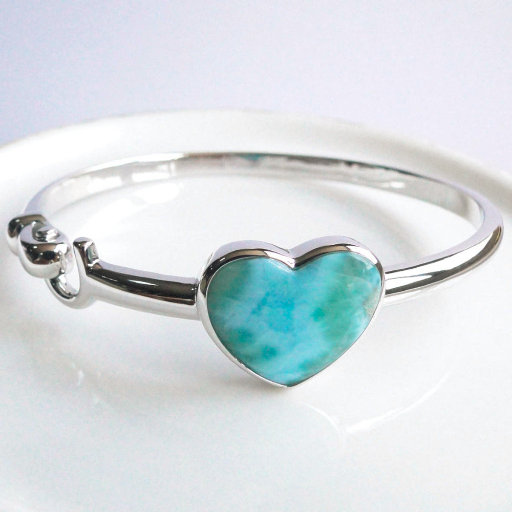 Heart Charm Bracelet Bangles for Woman Girls, Natural Gemstone Larimar Bangle,Real 925 Sterling Silver Engagement/Party Bracelet