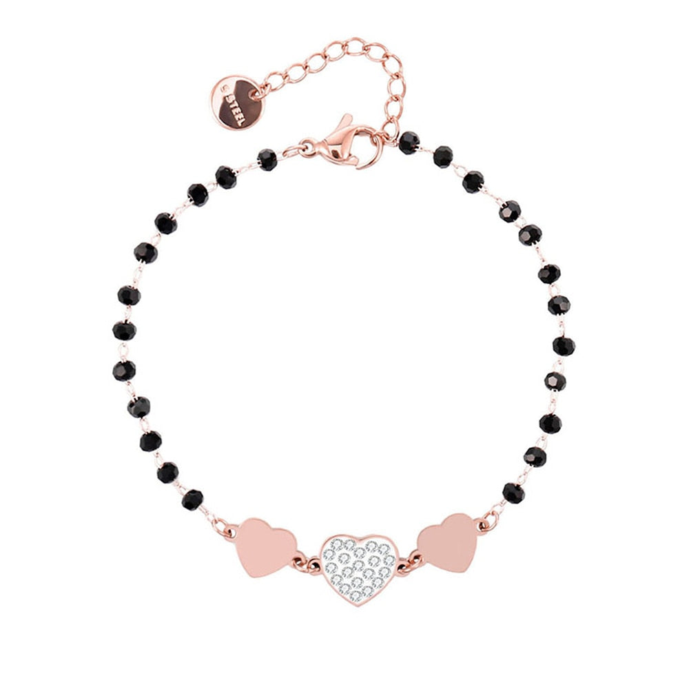 Heart Charms Stainless Steel Bracelets Black Beaded Chain Crystal Three Love Heart Pendant Bracelet Woman Jewelry Hot