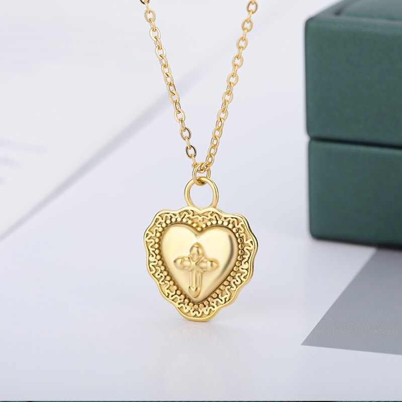 Heart Cross Necklace For Women Stainless Steel Goth Gold Color Pendant Necklaces Wedding Band Couple Jewelry Gift collares mujer
