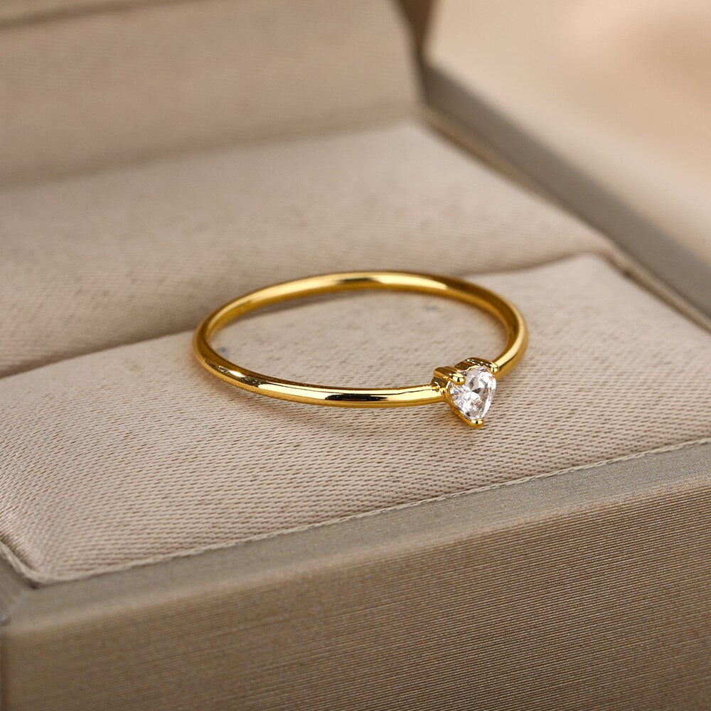Heart Cubic Zirconia Rings For Women Stainless Steel Gold Color Crystal Ring Female Crystal Wedding Band Couple Jewelry