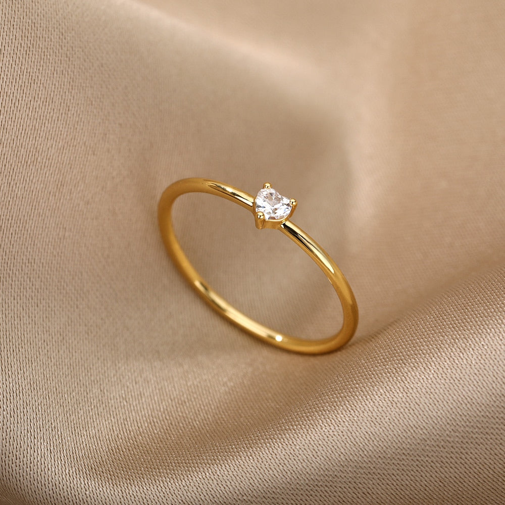 Heart Cubic Zirconia Rings For Women Stainless Steel Gold Color Crystal Ring Female Crystal Wedding Band Couple Jewelry