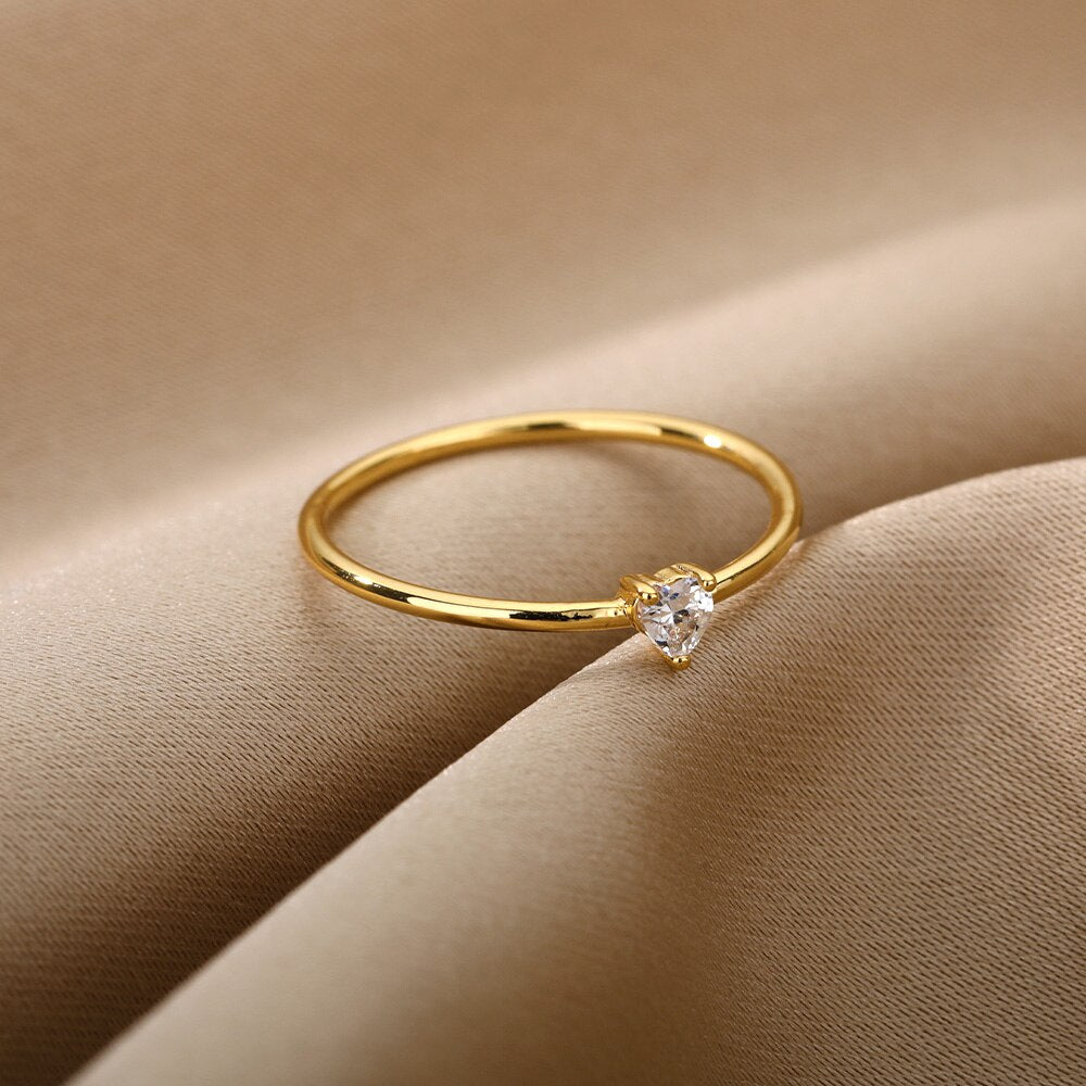 Heart Cubic Zirconia Rings For Women Stainless Steel Gold Color Crystal Ring Female Crystal Wedding Band Couple Jewelry