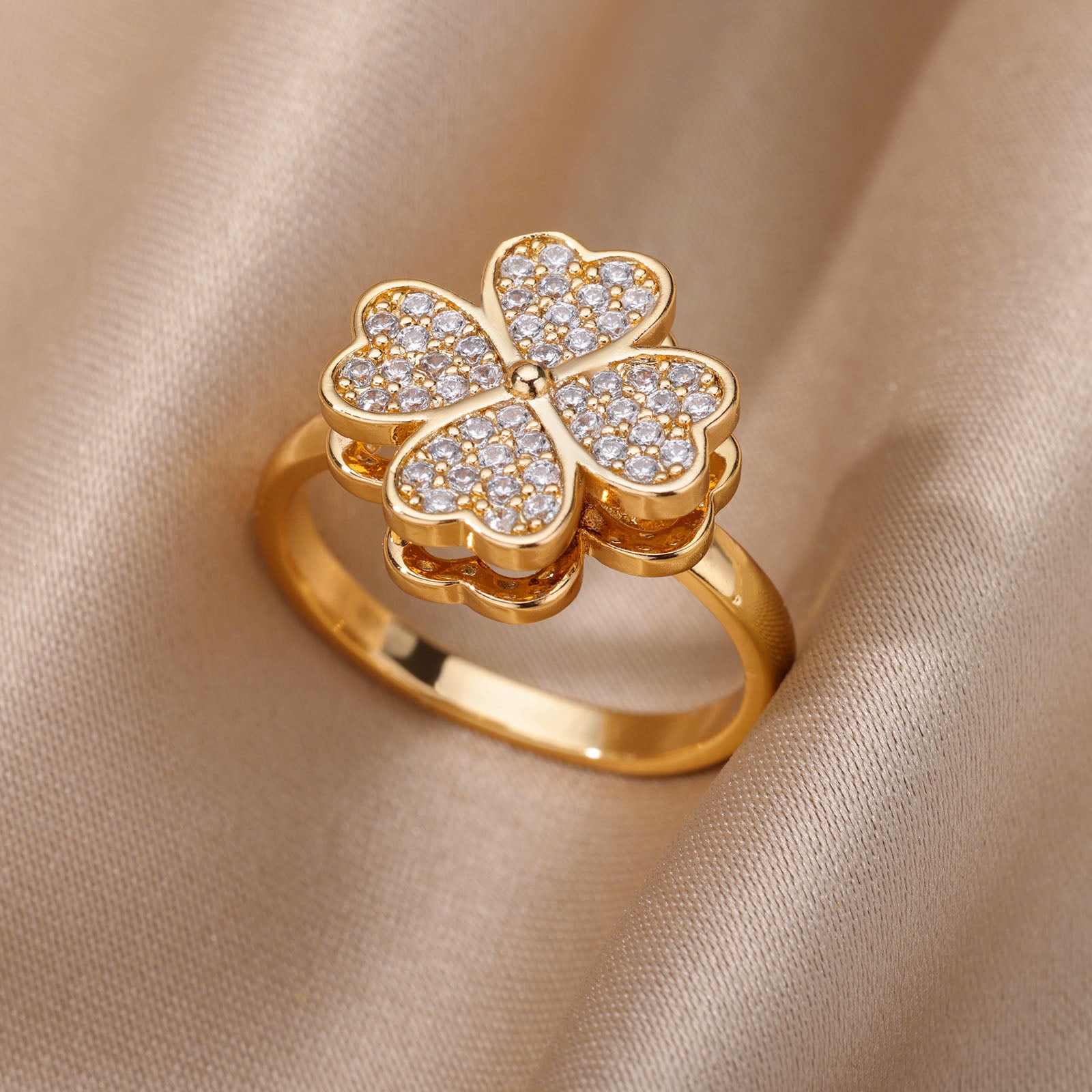 Heart Four Leaf Clover Rings for Women Open Adjustable Stainless Steel Zircon Ring 2023 Trend Shiny Wedding Jewelry anillos