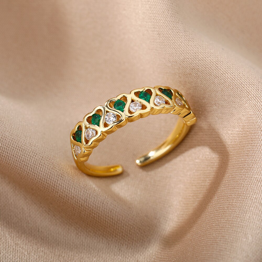 Heart Green Zircon Rings For Women Open Stainless Steel Adjustable Crystal Finger Ring Vintage Couple Wedding Jewelry anillos