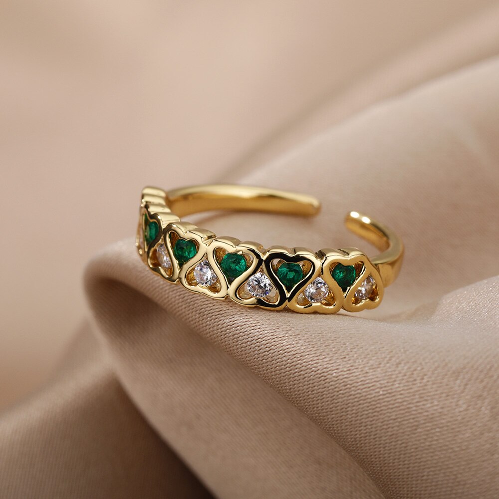 Heart Green Zircon Rings For Women Open Stainless Steel Adjustable Crystal Finger Ring Vintage Couple Wedding Jewelry anillos