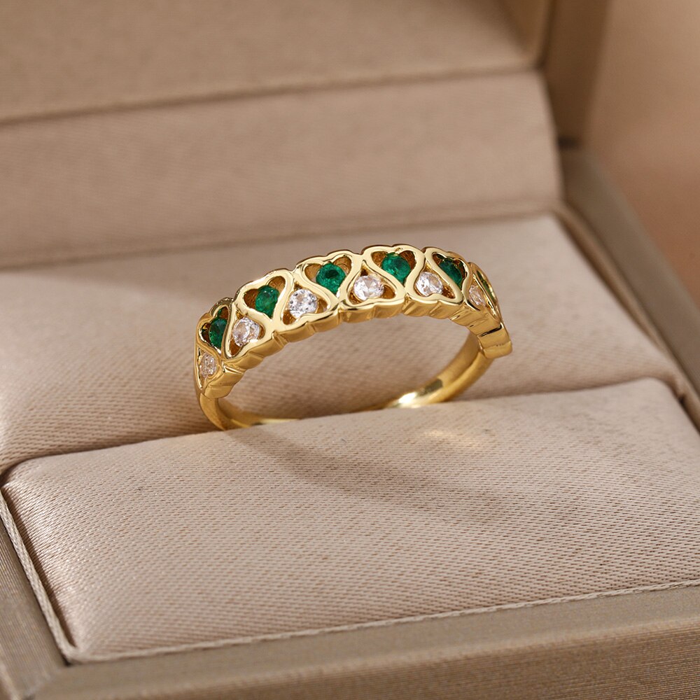 Heart Green Zircon Rings For Women Open Stainless Steel Adjustable Crystal Finger Ring Vintage Couple Wedding Jewelry anillos