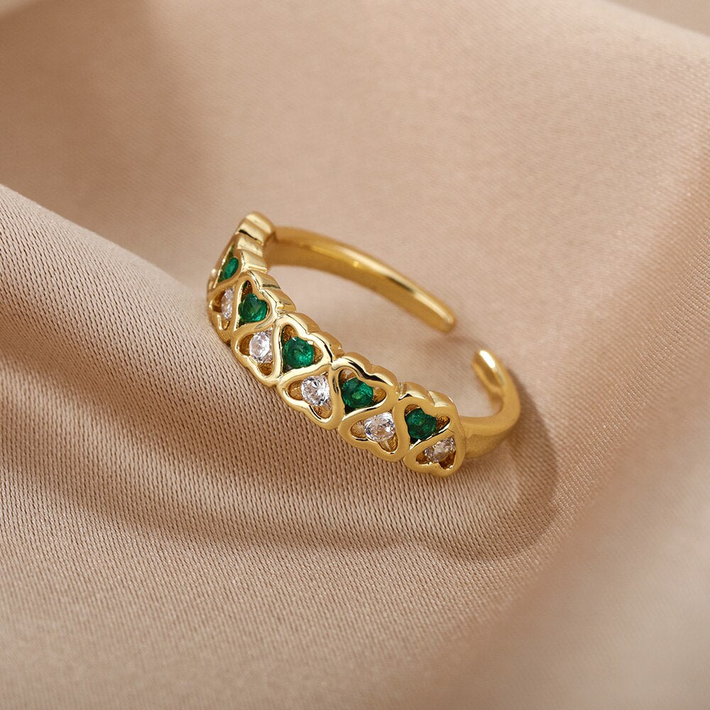 Heart Green Zircon Rings For Women Open Stainless Steel Adjustable Crystal Finger Ring Vintage Couple Wedding Jewelry anillos