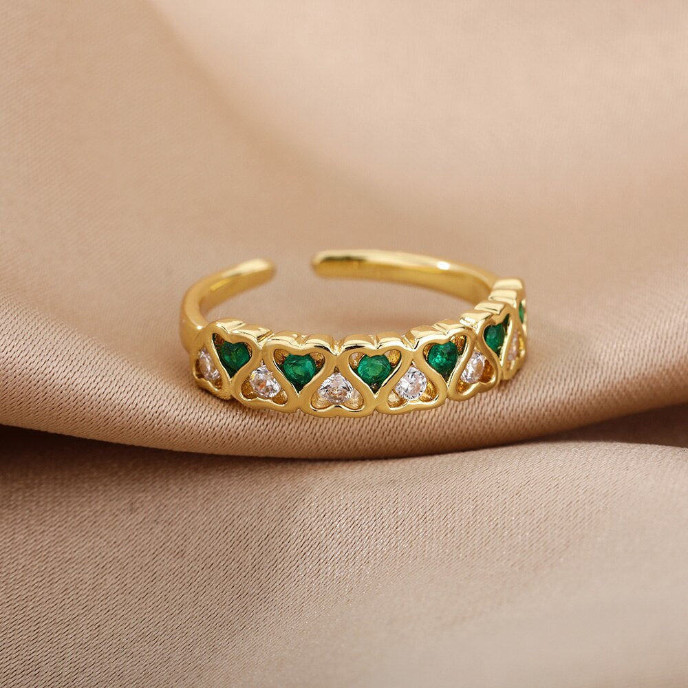 Heart Green Zircon Rings For Women Open Stainless Steel Adjustable Crystal Finger Ring Vintage Couple Wedding Jewelry anillos