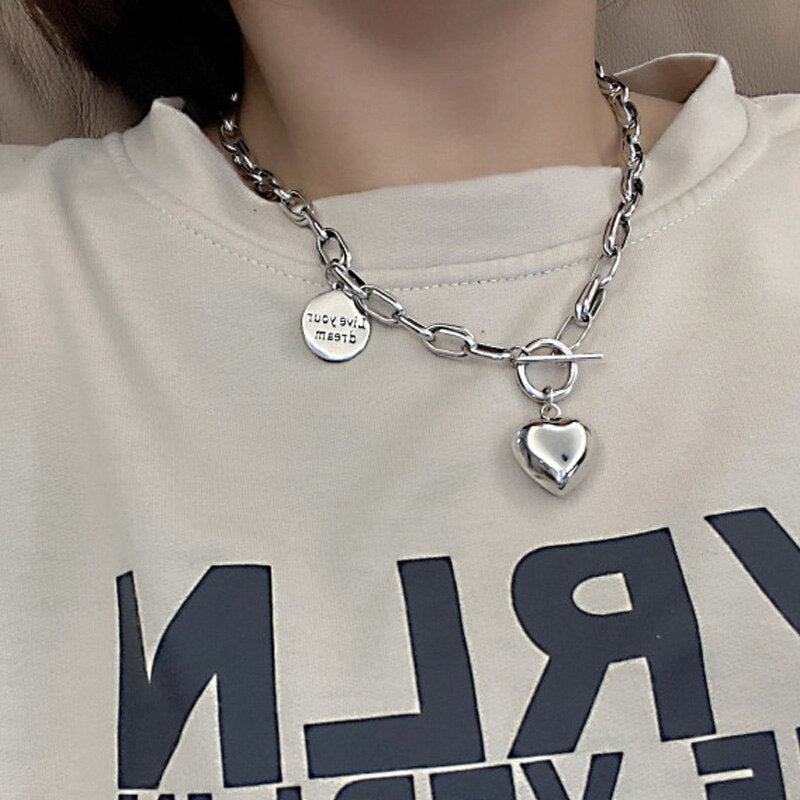 Heart LOVE Necklaces Women's Neck Chain 925 Stamp Silver Color Necklace Steampunk  Quality Jewelry