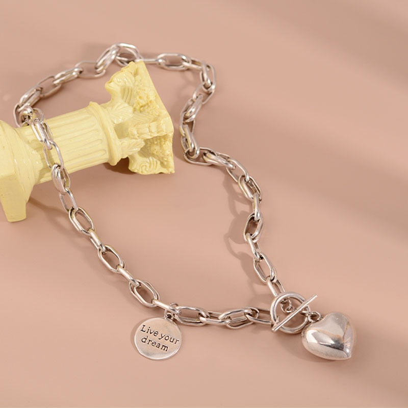 Heart LOVE Necklaces Women's Neck Chain 925 Stamp Silver Color Necklace Steampunk  Quality Jewelry
