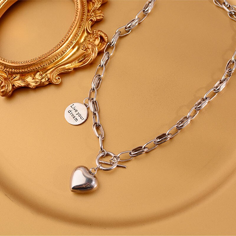 Heart LOVE Necklaces Women's Neck Chain 925 Stamp Silver Color Necklace Steampunk  Quality Jewelry