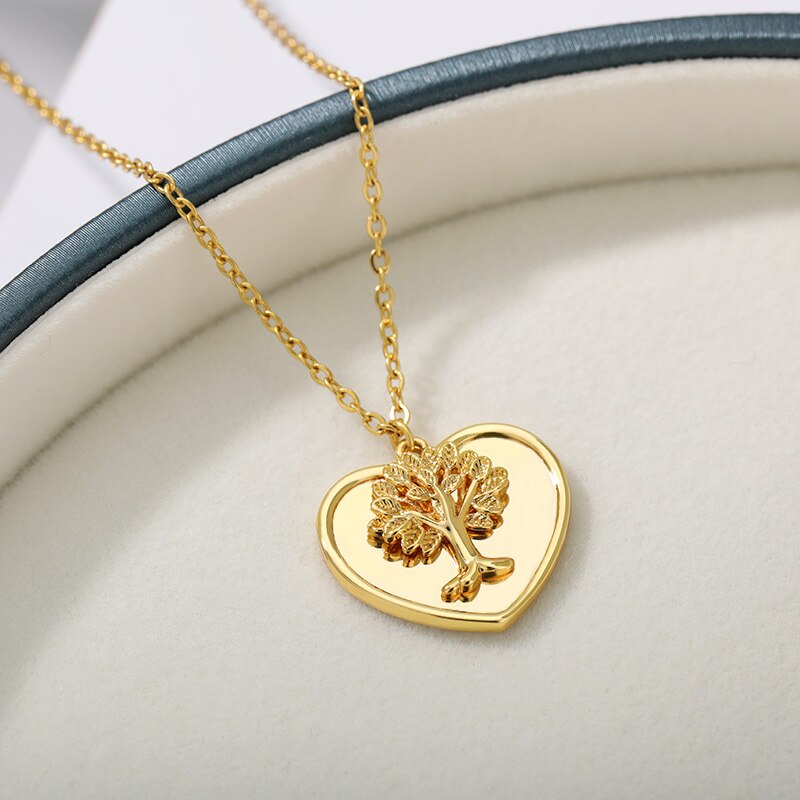 Heart Necklace For Women Stainless Steel Engraved Tree Pendant Necklace Valentine's Day Choker Couple Jewerly Gift Collar Femme