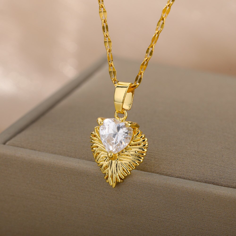 Heart Necklace For Women Stainless Steel Gold Color Pendant Necklaces Crystal Choker Cubic Zirconia Couple Jewelry Gift collares