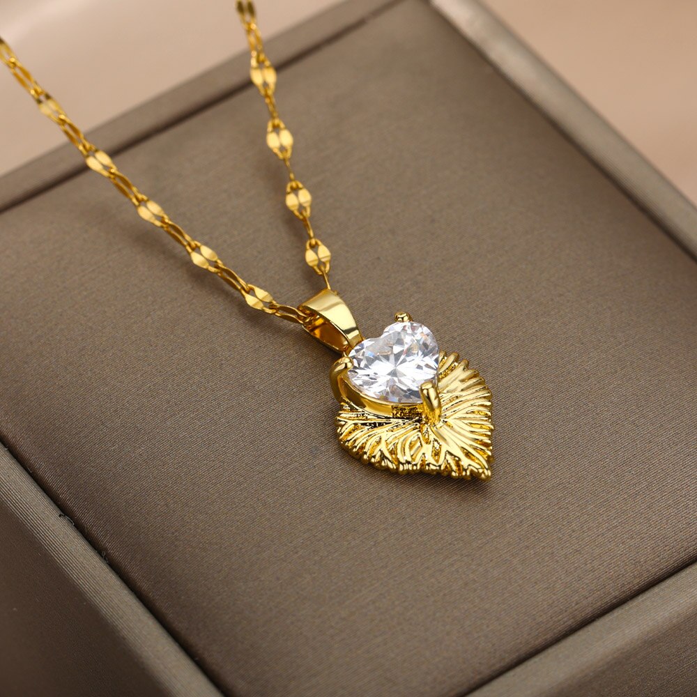 Heart Necklace For Women Stainless Steel Gold Color Pendant Necklaces Crystal Choker Cubic Zirconia Couple Jewelry Gift collares