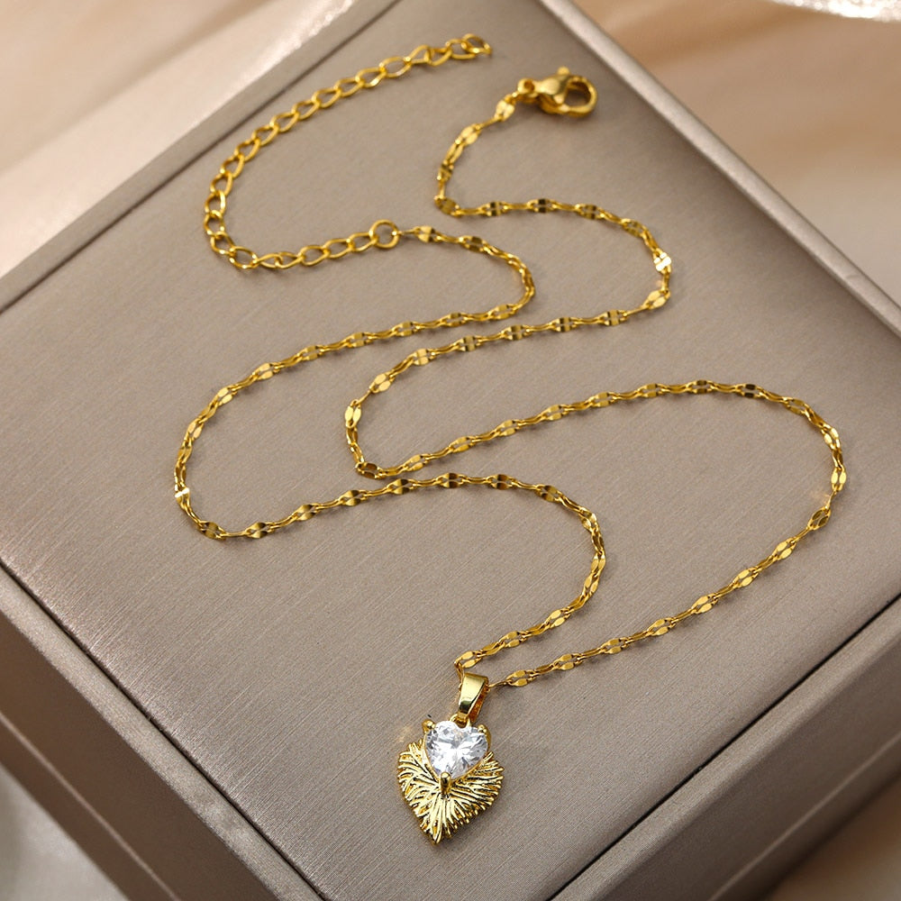Heart Necklace For Women Stainless Steel Gold Color Pendant Necklaces Crystal Choker Cubic Zirconia Couple Jewelry Gift collares