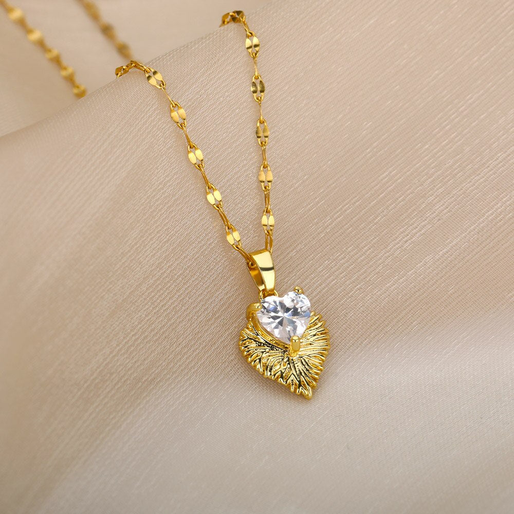 Heart Necklace For Women Stainless Steel Gold Color Pendant Necklaces Crystal Choker Cubic Zirconia Couple Jewelry Gift collares