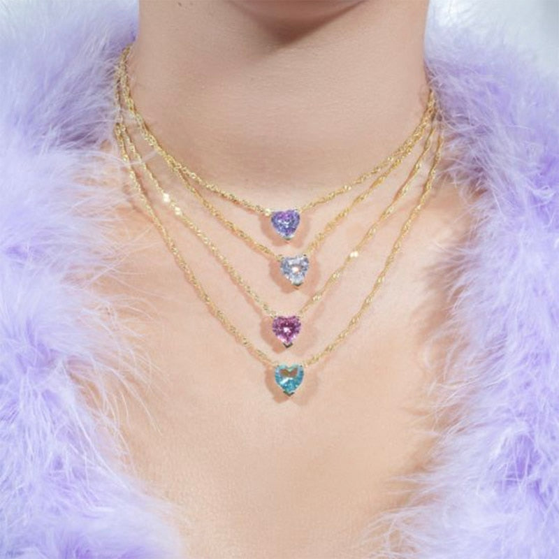 Heart Necklace for Women Stainless Steel Gold Color CZ Pendant Necklace Korean Cute Crystal Couple Jewerly collier femme