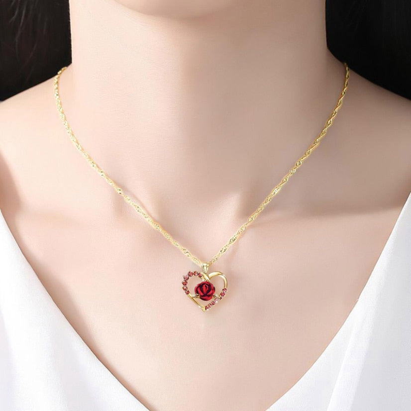 Heart Rose Pendant Necklaces for Women Girl Gold Color Chain Charm Crystal Female Jewelry Accessories Valentine's Day Gift