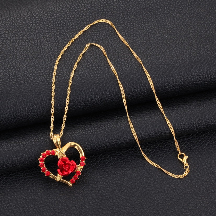 Heart Rose Pendant Necklaces for Women Girl Gold Color Chain Charm Crystal Female Jewelry Accessories Valentine's Day Gift