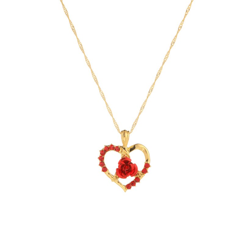 Heart Rose Pendant Necklaces for Women Girl Gold Color Chain Charm Crystal Female Jewelry Accessories Valentine's Day Gift