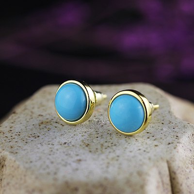 Heart Round Turquoise Design Genuine Sterling Silver 925 Jewelry Ear Piercing Accessories Gold Color Stud Earrings Female Girl