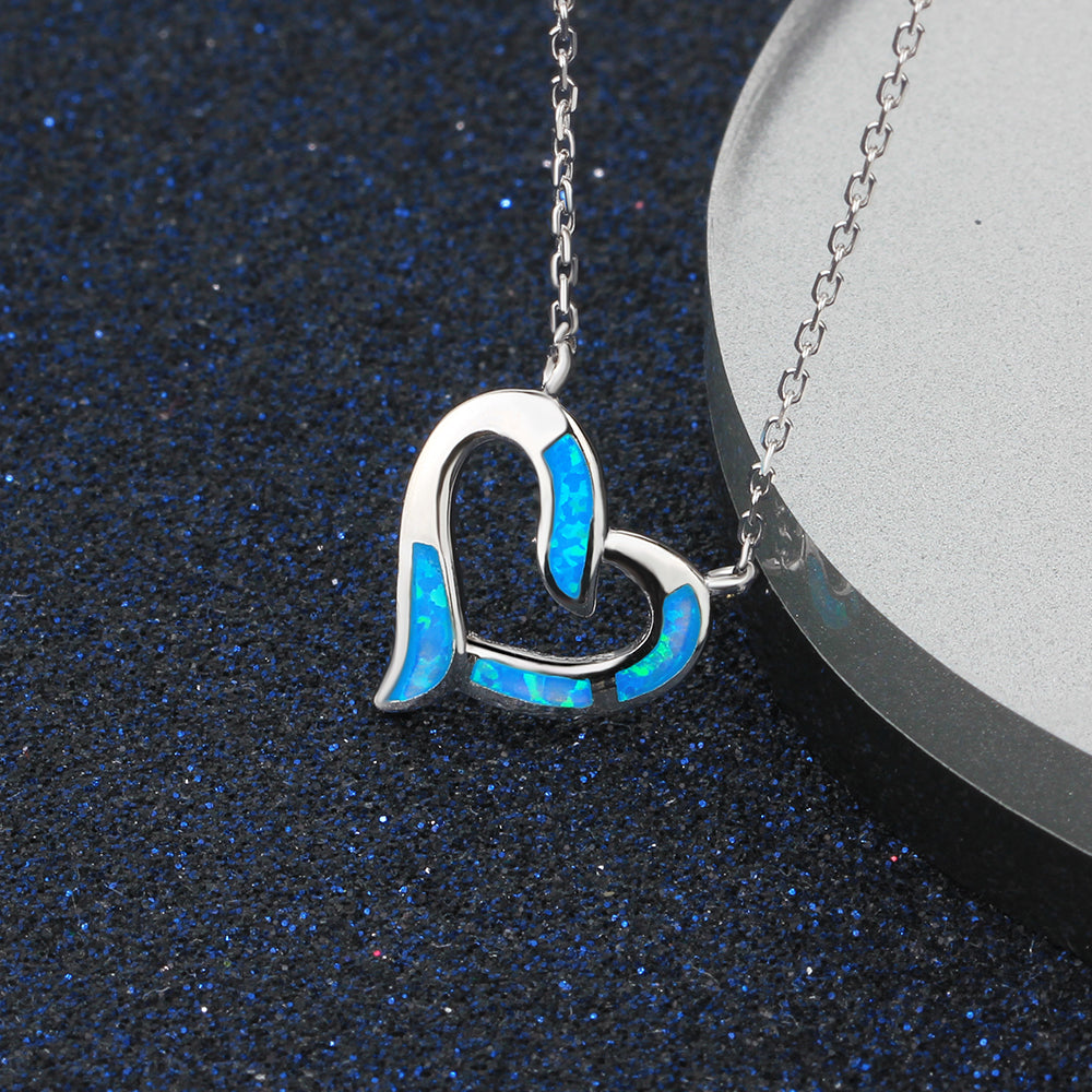 Heart Shape Blue Opal Stone 925 Sterling Silver Necklace Women Chain Necklaces Fine Jewelry Valentine's D Gifts(Lam Hub Fong)