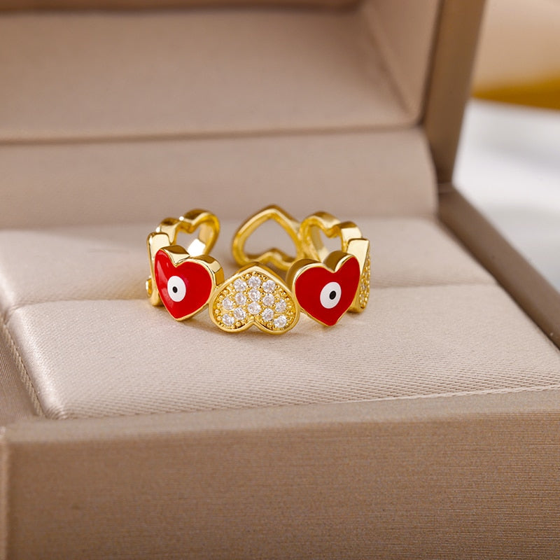 Heart Shaped Evil Eye Rings for Women Open Stainless Steel Zircon Ring Colorful Enamel Wedding Couple Aesthetic Jewelry anillos
