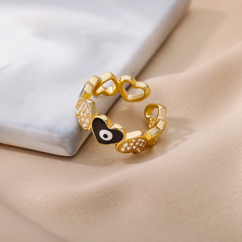 Heart Shaped Evil Eye Rings for Women Open Stainless Steel Zircon Ring Colorful Enamel Wedding Couple Aesthetic Jewelry anillos