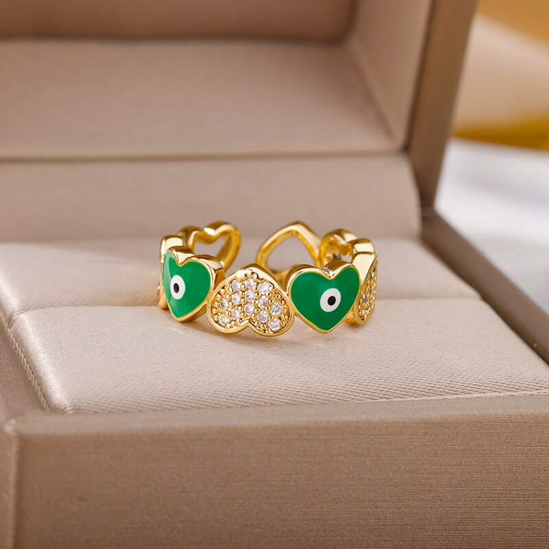 Heart Shaped Evil Eye Rings for Women Open Stainless Steel Zircon Ring Colorful Enamel Wedding Couple Aesthetic Jewelry anillos