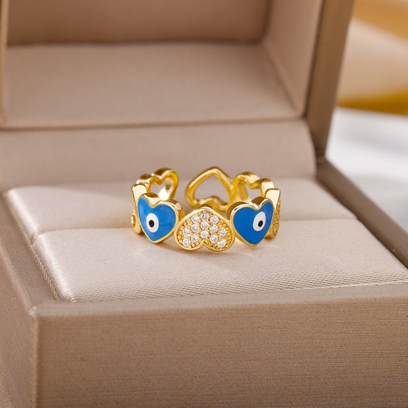 Heart Shaped Evil Eye Rings for Women Open Stainless Steel Zircon Ring Colorful Enamel Wedding Couple Aesthetic Jewelry anillos