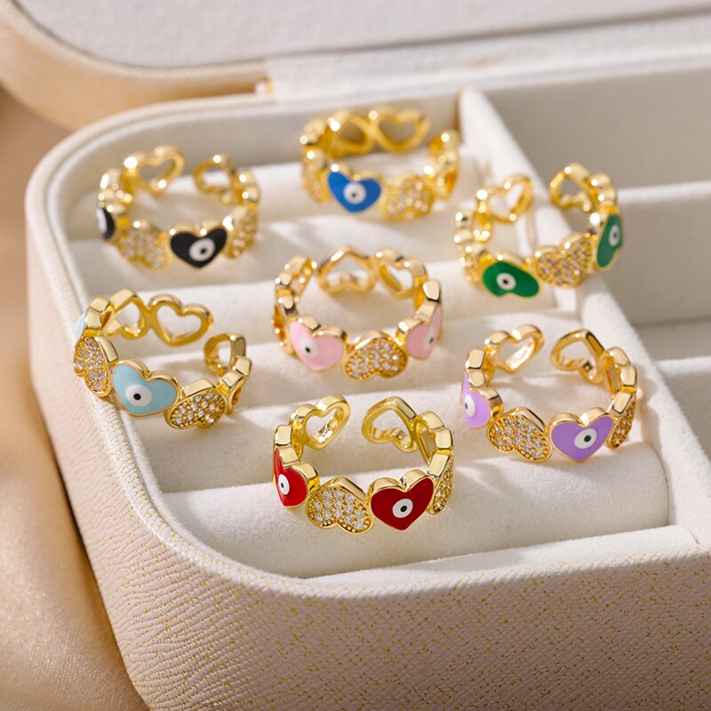 Heart Shaped Evil Eye Rings for Women Open Stainless Steel Zircon Ring Colorful Enamel Wedding Couple Aesthetic Jewelry anillos