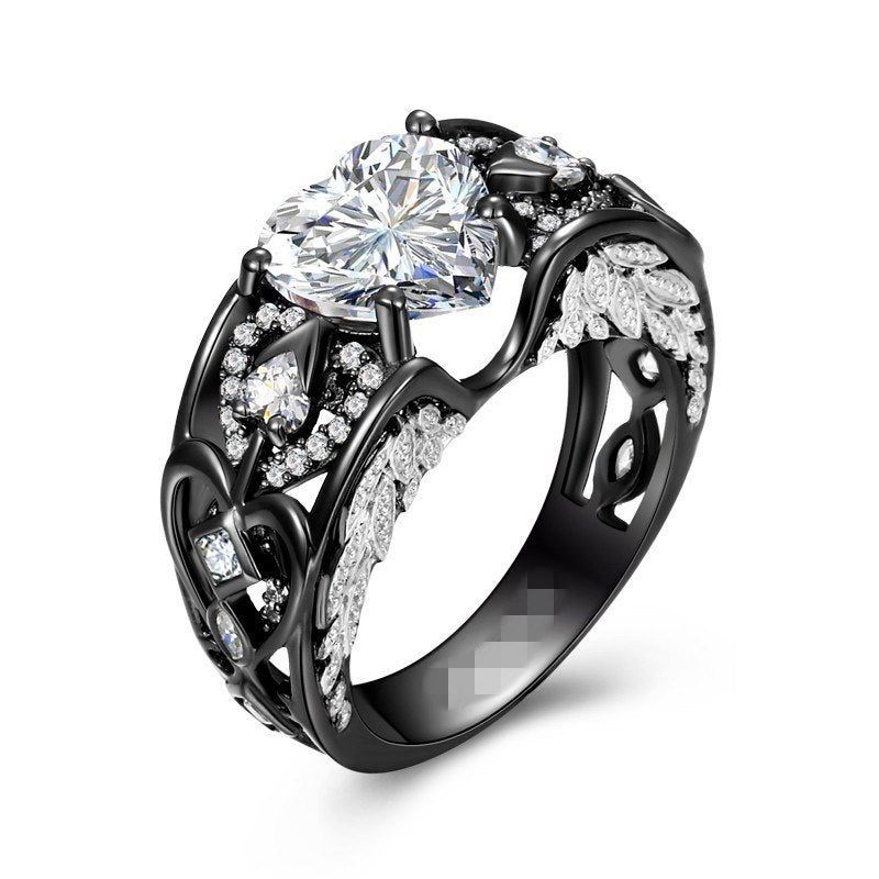 Heart Shaped Lab-created Ruby Black Gold 925 Silver Women Angel Wing Ri Women Engagement Wedding Ring Jewelry Drop shipping