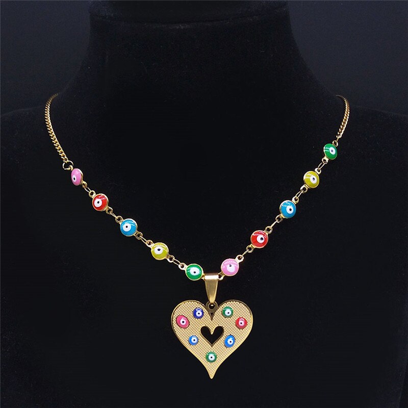 Heart Stainless Steel Islam Colorful Turkey Eye Necklace Pendant Gold Color Muslim Choker Necklace Jewelry collar acero N5227S04