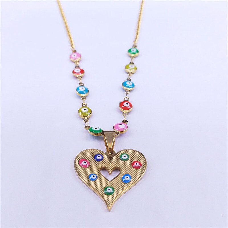 Heart Stainless Steel Islam Colorful Turkey Eye Necklace Pendant Gold Color Muslim Choker Necklace Jewelry collar acero N5227S04