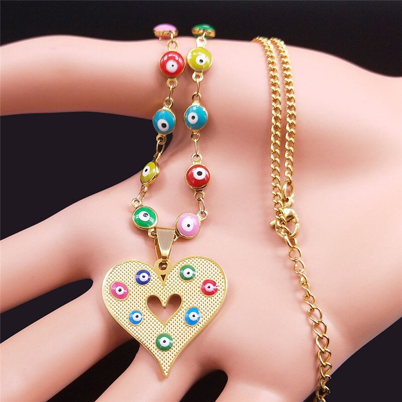 Heart Stainless Steel Islam Colorful Turkey Eye Necklace Pendant Gold Color Muslim Choker Necklace Jewelry collar acero N5227S04