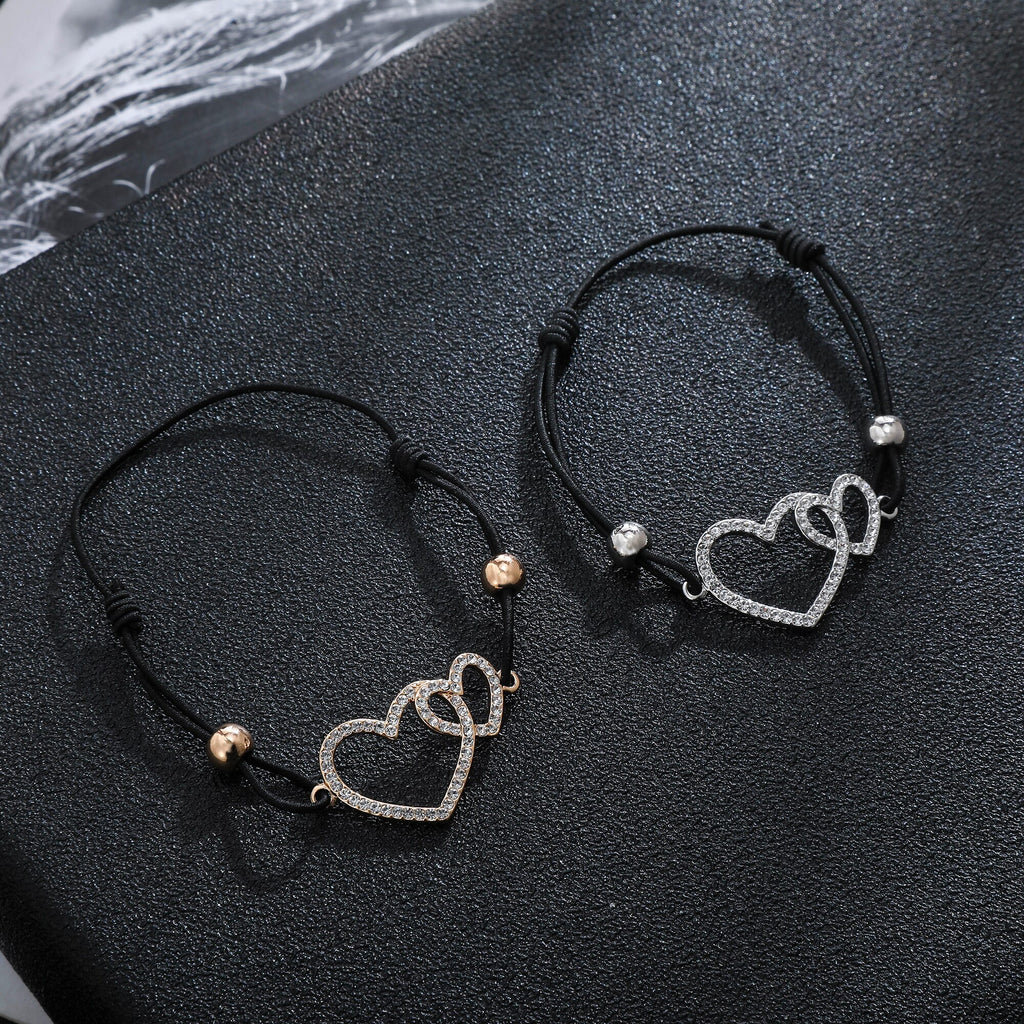 Heart-To-Heart Adjustable Bracelet Gold Silver Color Crystal Pendant Elastic Rope Bracelets For Woman Lover Jewelry Gift