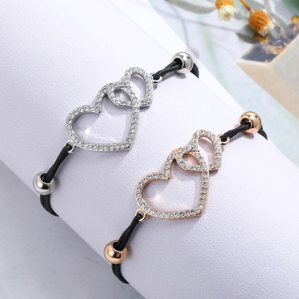 Heart-To-Heart Adjustable Bracelet Gold Silver Color Crystal Pendant Elastic Rope Bracelets For Woman Lover Jewelry Gift