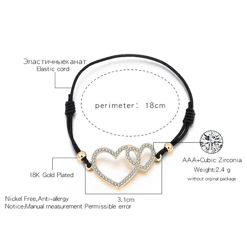 Heart-To-Heart Adjustable Bracelet Gold Silver Color Crystal Pendant Elastic Rope Bracelets For Woman Lover Jewelry Gift