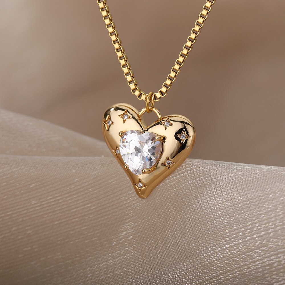 Heart Zircon Necklace for Women Stainless Steel Gold  Color Necklaces 2023 Trend Koeran Couple Jewelry collar