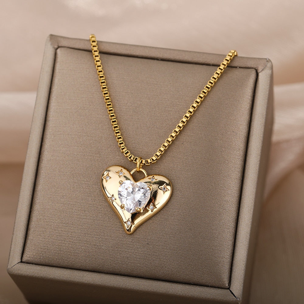 Heart Zircon Necklace for Women Stainless Steel Gold  Color Necklaces 2023 Trend Koeran Couple Jewelry collar