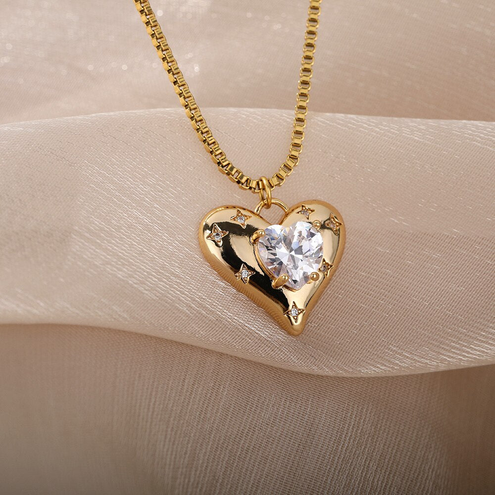 Heart Zircon Necklace for Women Stainless Steel Gold  Color Necklaces 2023 Trend Koeran Couple Jewelry collar