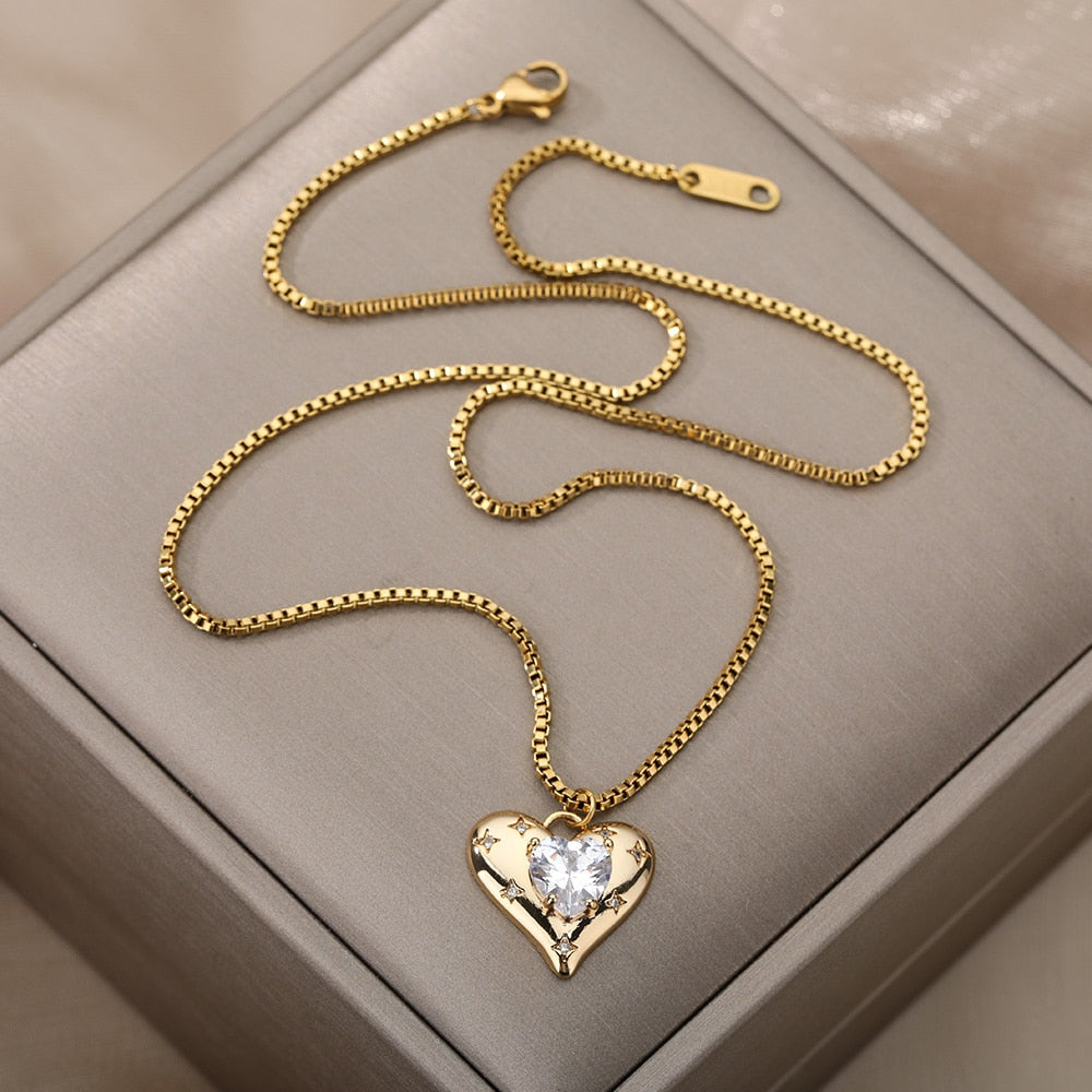 Heart Zircon Necklace for Women Stainless Steel Gold  Color Necklaces 2023 Trend Koeran Couple Jewelry collar