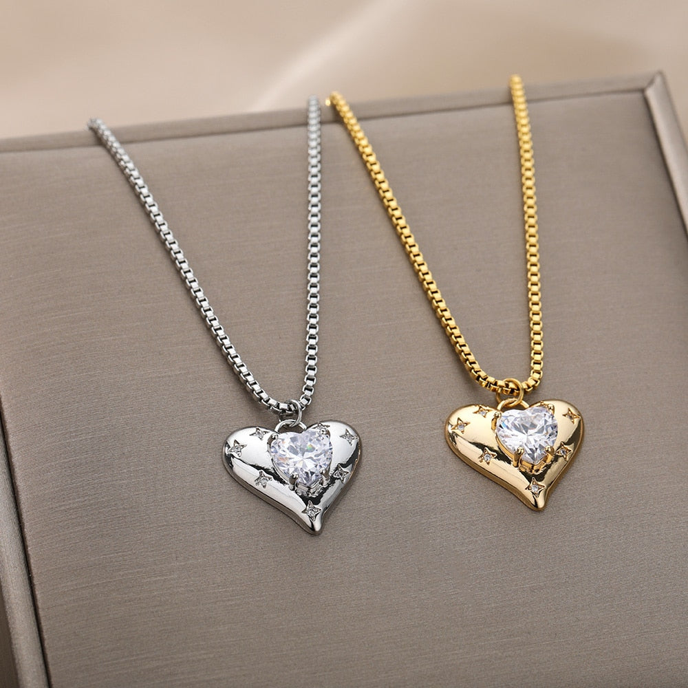 Heart Zircon Necklace for Women Stainless Steel Gold  Color Necklaces 2023 Trend Koeran Couple Jewelry collar