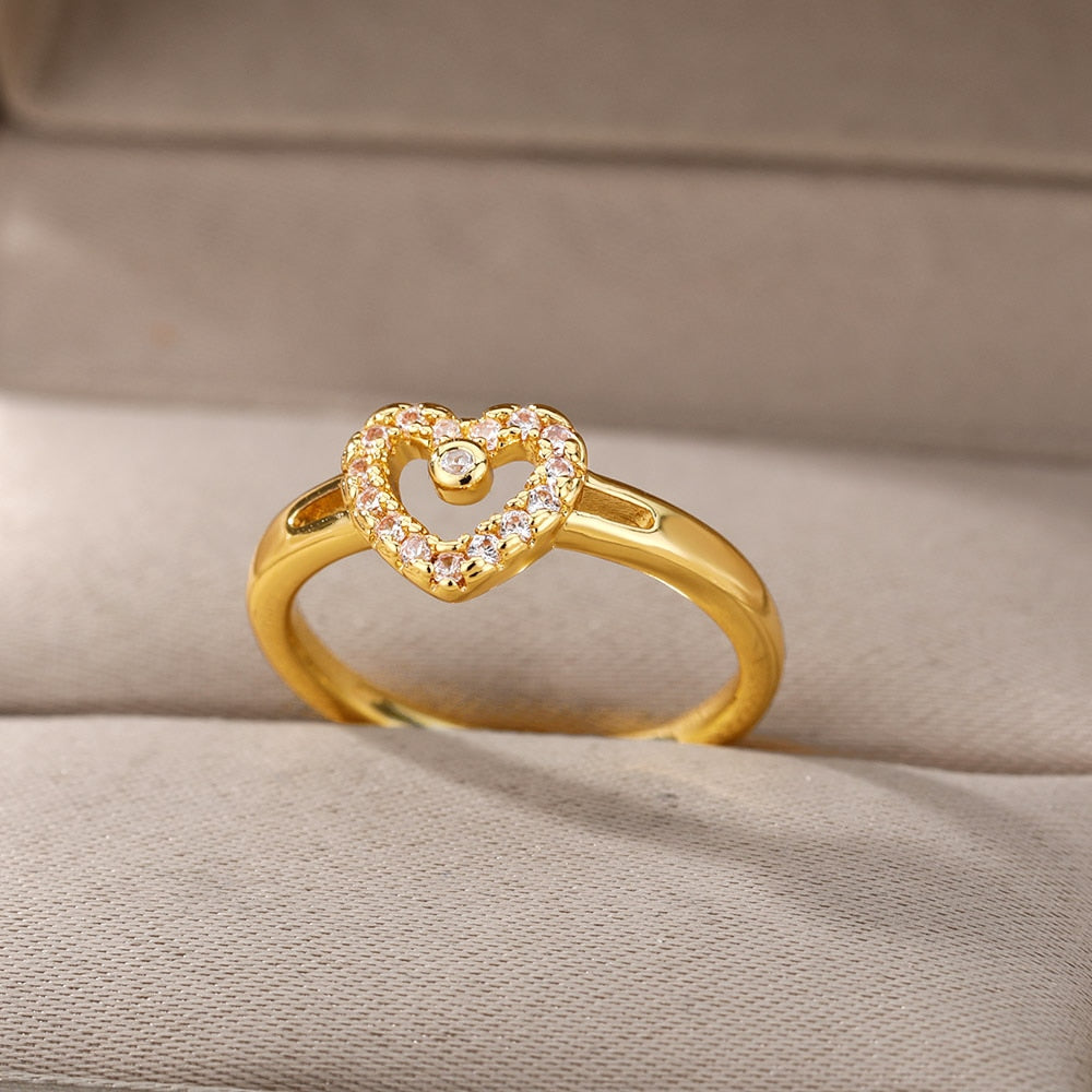 Heart Zircon Rings for Women Open Adjustable Stainless Steel Gold Color Ring Romantic Wedding Couple Aesthetic Jewelry anillos
