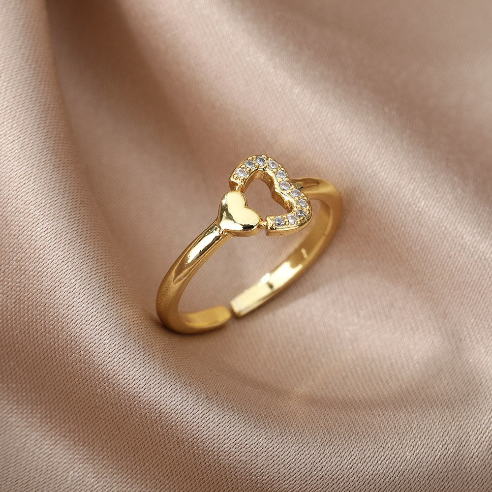 Heart Zircon Rings for Women Open Adjustable Stainless Steel Gold Color Ring Romantic Wedding Couple Aesthetic Jewelry anillos