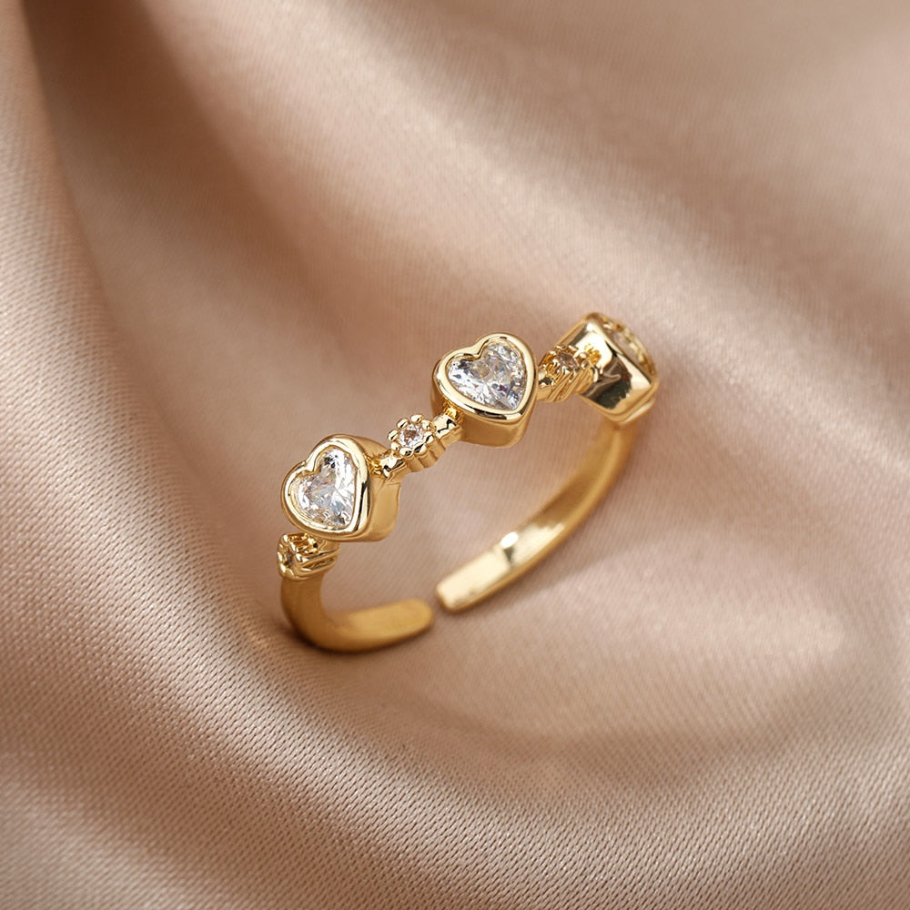 Heart Zircon Rings for Women Open Adjustable Stainless Steel Gold Color Ring Romantic Wedding Couple Aesthetic Jewelry anillos