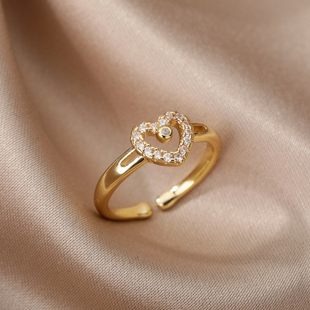 Heart Zircon Rings for Women Open Adjustable Stainless Steel Gold Color Ring Romantic Wedding Couple Aesthetic Jewelry anillos
