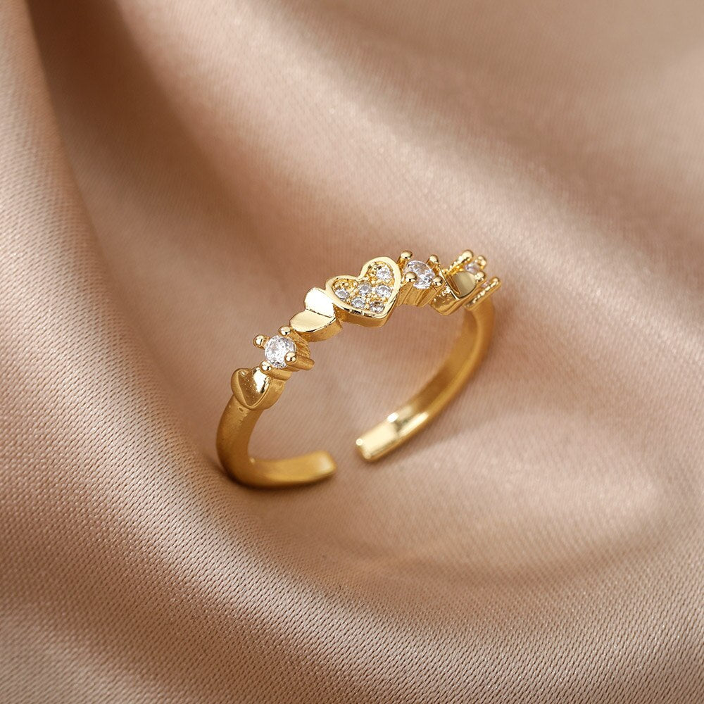 Heart Zircon Rings for Women Open Adjustable Stainless Steel Gold Color Ring Romantic Wedding Couple Aesthetic Jewelry anillos