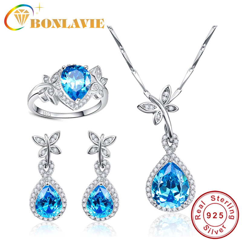 Heart of Ocean Blue Topaz Water Drop 925 Sterling Silver Quality Set Earrings/Necklace/Engagement Rings Jewelry Set For Women