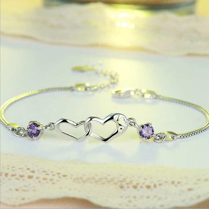 Hearts Love Clear/Purple Cubic Zirconia Amethyst Ladies' Bracelets 925 Sterling Silver Bracelet for Women Wedding Jewelry YBR084